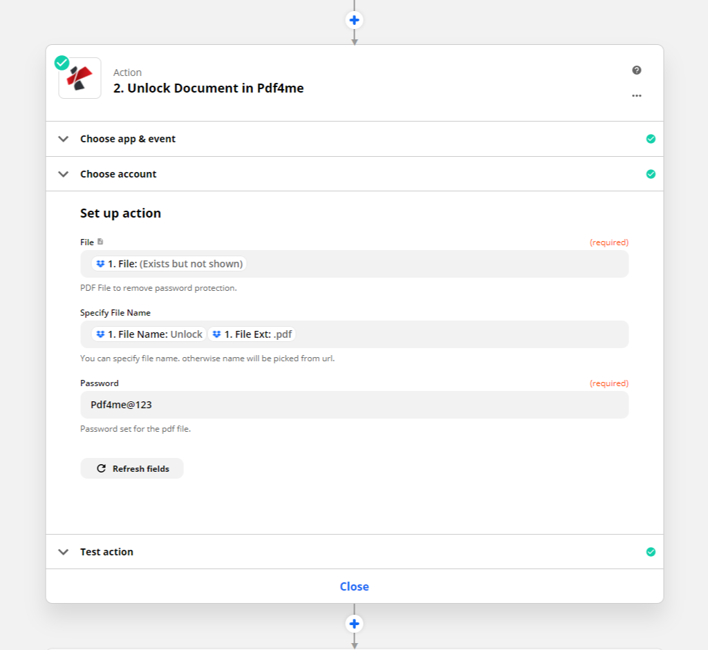 在 Zapier 的 Pdf4me 操作中，“解锁文档”已配置为使用上一步映射的文件，指定文件名为“解锁”加上文件扩展名，密码字段显示示例密码值。